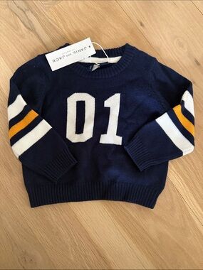 Janie and Jack Navy Sweater with White '01' and Yellow Stripe Accents
